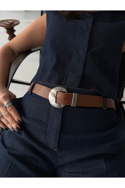 coaksco Women's Round Antique Buckle Tan Trousers, Dress Belt