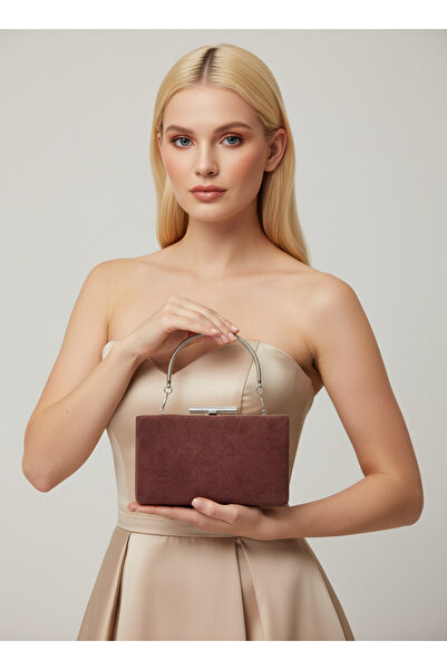 Wedding Fashion Brown Luxury Suede Chain Handle Women Evening Bag Wedding Eng...