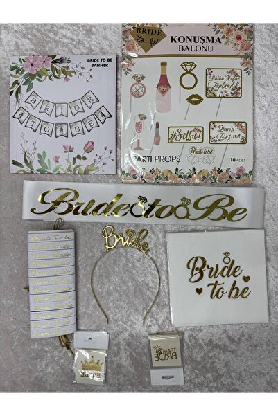 Leyli Kına 52 Parça Gold Bride To Be Set Beyaz Kemer Metal Taç Bileklik Peçet...