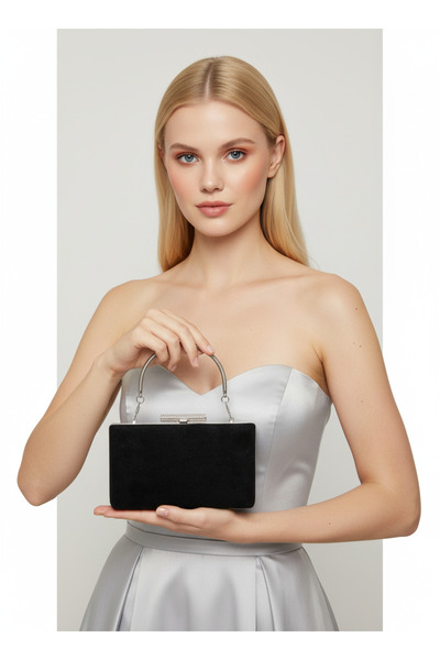 Wedding Fashion Black Silver Luxury Suede Chain Handle Women Evening Dress Ba...