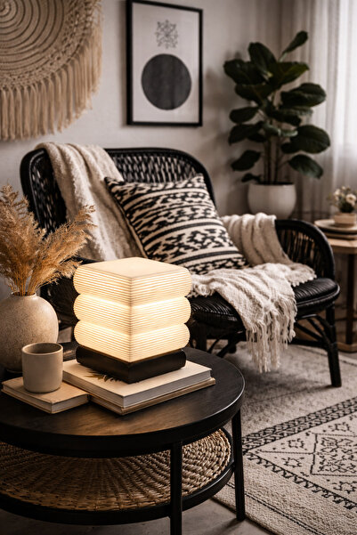 Dekor atolyem Kamelya Beyaz Çizgili Dekoratif Masa Ve Komodin Lambası