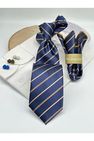 Gutiero Navy Blue Patterned Classic Tie with Handkerchief