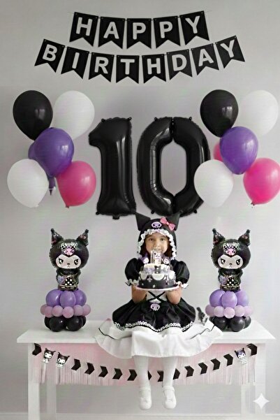 PARTİAVM İkili Kuromi Doğum Günü Temalı Balon Seti 10 Yaş Siyah Rakam Mini Ku...