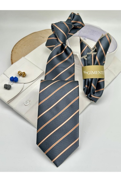 Gutiero Dark Gray Striped Classic Tie with Handkerchief