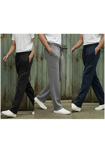 Sizce Moda 3 Pack Black |   Navy Blue |   Smoked Baggy Elastic Waist Wide Leg 2 Thread Fabric B Piped Sweatpants