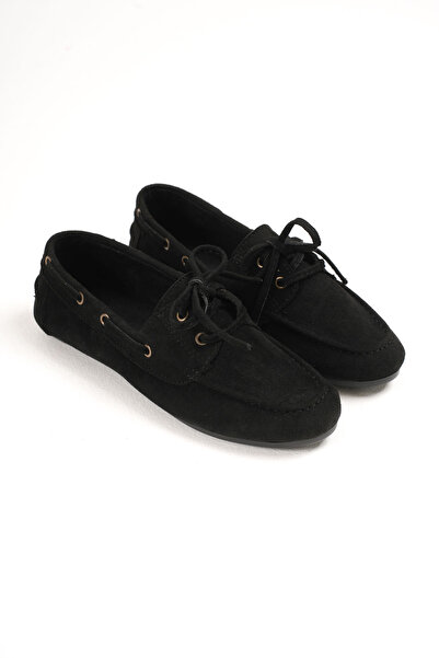 Artgoo Women's Black Suede Daily Casual Classic Lace-Up Detail Loafer Ballet Shoes