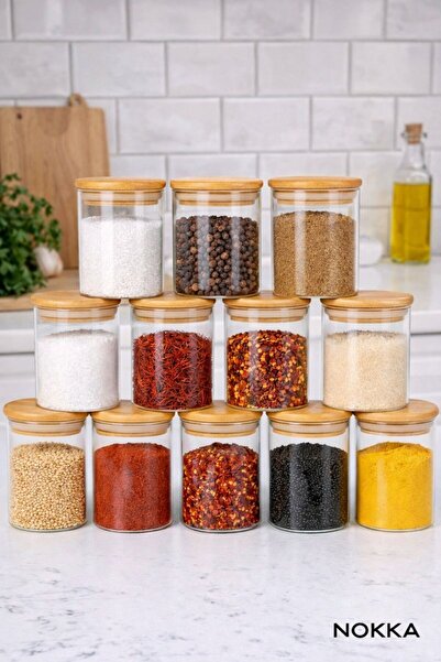 NOKKA 12 Adet Bambu Kapaklı Borosilikat Baharatlık, Saklama Kabı, Çerezlik 20...