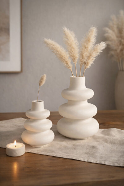 Sisay Home Bohem Modern Taş Tozu Vazo Seti – Dekoratif Masa Üzeri 2’li Vazo