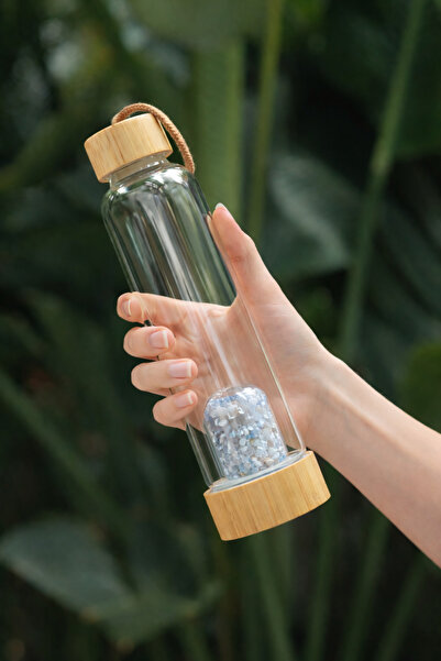 OM Rituals Ay Taşı Doğal Taş Bambu Kapaklı Cam Su Matarası - 550 ml