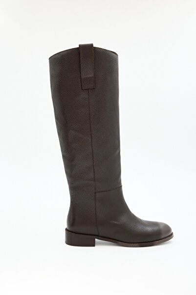 Jande Kadın Kahverengi Diz Altı XL Konç Hakiki Deri Çizme