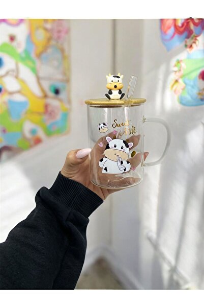 ALEV EMAYE Sevimli İnek Figürlü Cam saplı – Bambu Kapaklı & Cam Pipetli Sweet...