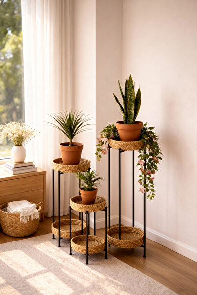 ELF CONSEPT 3 Lü Metal Yuvarlak Siyah Çiçeklik Seti Saksılık