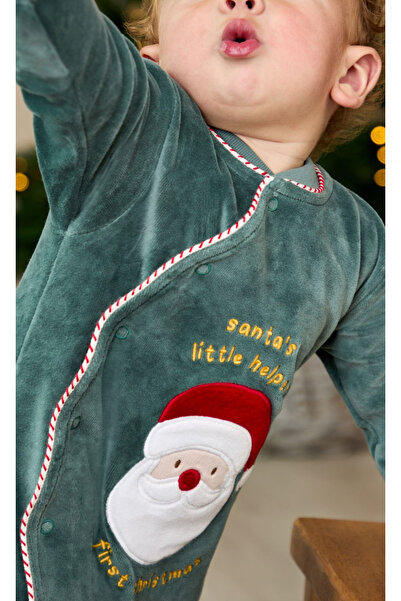 JojoMama JoJo Maman Bébé Yeşil Santa My First Christmas Velur Uyku Tulumu