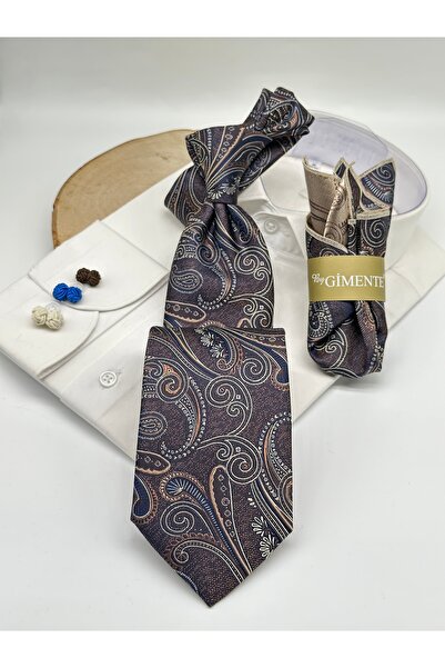 Gutiero Brown Navy Blue Shawl Patterned Classic Tie with Handkerchief