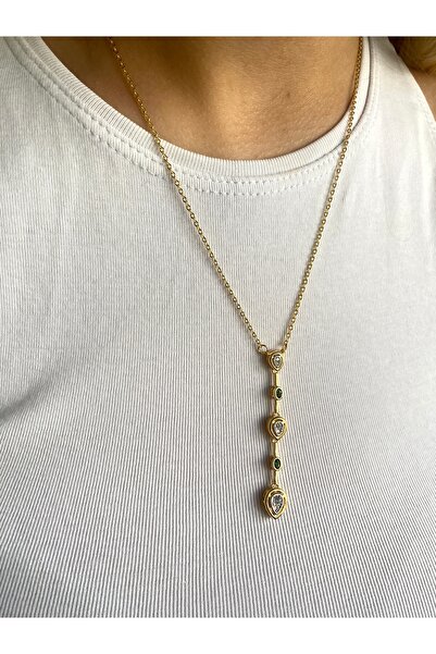 BusradanDesign Emerald Green Drop Stone Detailed Steel Y Necklace 45 cm
