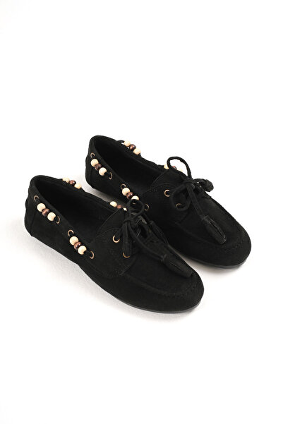 Artgoo Women's Black Suede Daily Casual Beaded Tassel Detailed Lace-Up Loafer Ballet Shoes