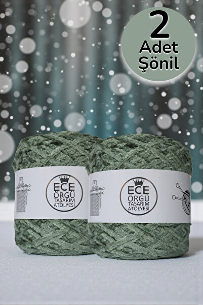 Ece Örgü Tasarım Atölyesi Adaçayı yeşili, orta kalınlıkta, yassı kadife örgü ipi (200 gr.)