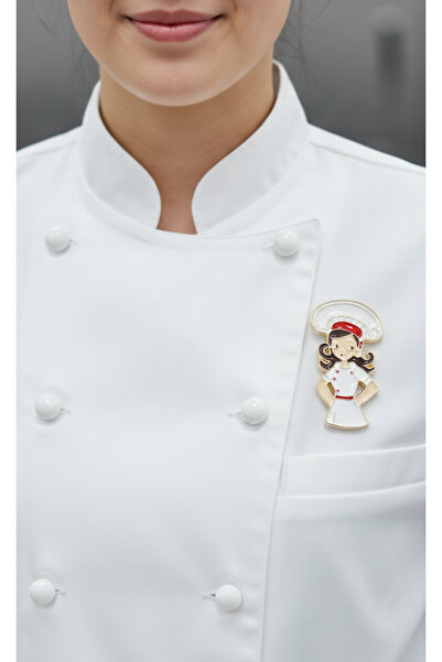 Women's Chef Figure Enamel Brooch - Kitchen Themed Accessory with Golden Edge