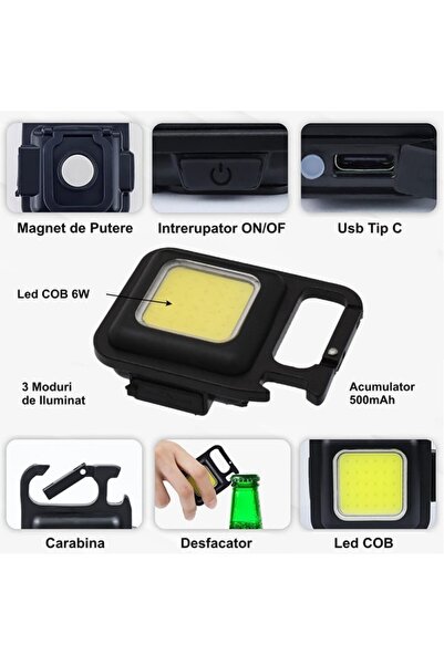 TrendyLux Mini-Lanterna LED Cob 6W, Tip Breloc, Carabina, Carcasa Aluminiu