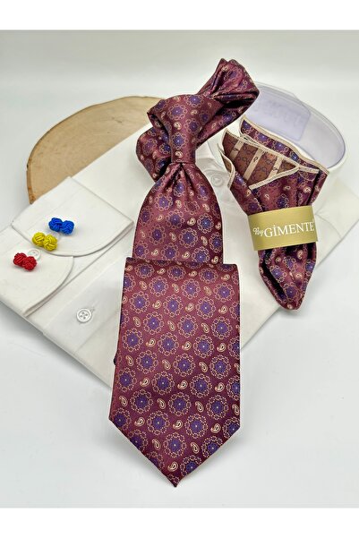 Gutiero Claret Red Paisley Patterned Classic Tie with Handkerchief
