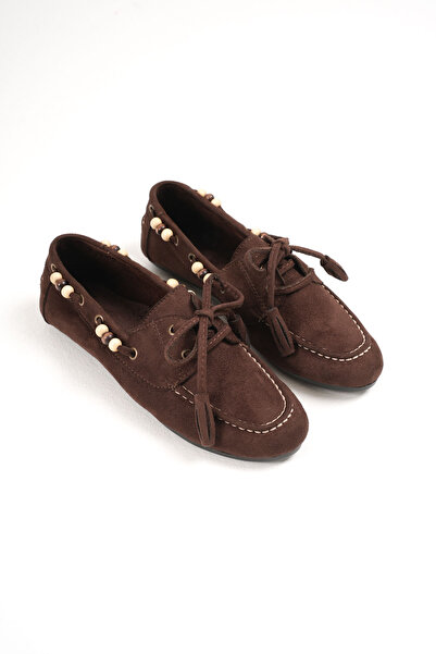 Artgoo Women's Brown Suede Casual Comfortable Beaded Tassel Detail Lace-Up Loafer Ballet Shoes