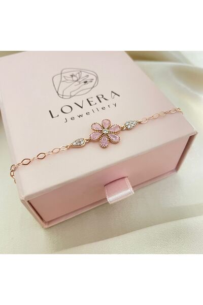 Lovera Jewellery 925 Ayar Gümüş Rose Pembe Taşlı Papatya Çiçeği Flowers Kadın Bileklik | Şık Minimalist Zarif Takı
