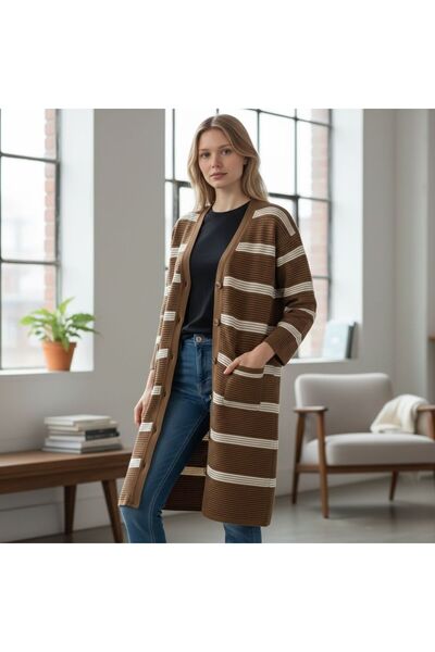 GÖMLEK GALERİSİ Women's Striped Long Angora Textured Knitwear Standard Size C...