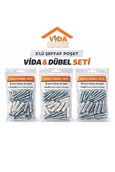 Std VİDAHANE 3'lü Sunta Dübel Seti - 150 Parça