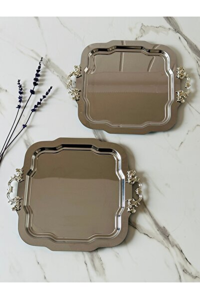 Melinda 2 ADET Aura Gümüş Tepsi Gümüş Çıkarılabilir Kulp Çay,Kahve,İkram Serv...