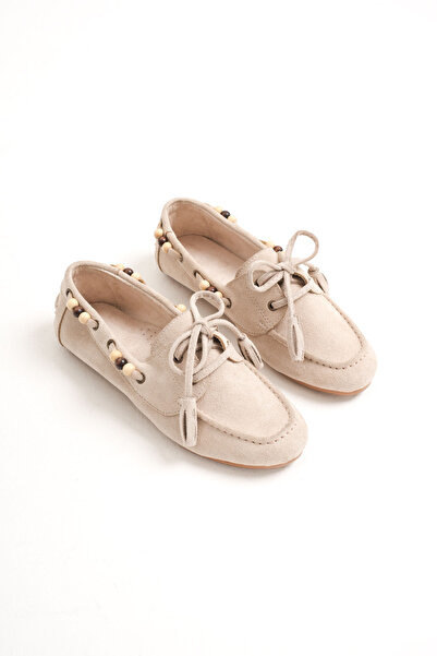 Artgoo Women's Beige Suede Casual Comfortable Beaded Tassel Detail Lace-Up Loafer Ballet Shoes