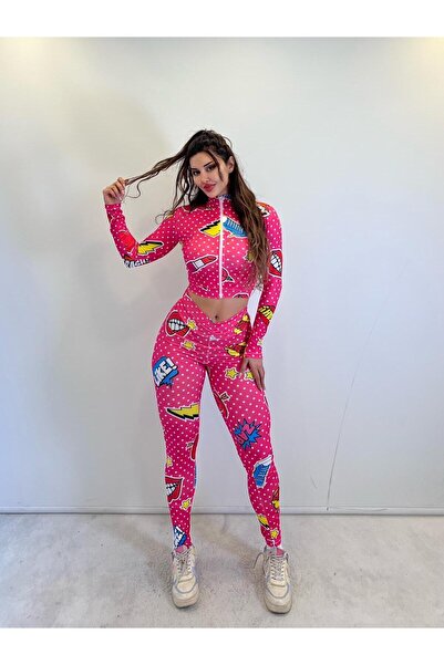 pink life Pink Patterned Leggings and Bustier Three-Piece Set