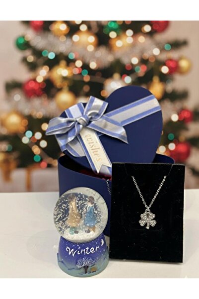 elovya SEVGİLİYE YILBAŞI KAR KÜRESİ VE YONCA KOLYE KALPLİ HEDİYE KUTU