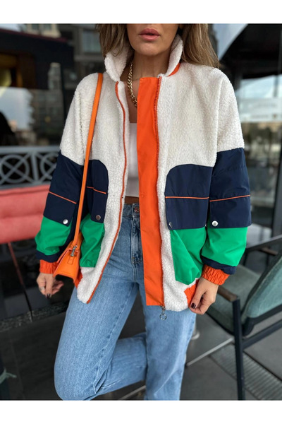 WOMKA Women's Color Block Plush Detailed Coat