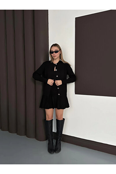 Lusin Women's Black Cardigan Crop Skirt Triple Knitwear Set