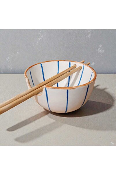 Ceresshop Handmade Striped Patterned Ceramic Noodle Bowl (Chopsticks Included) Small Size