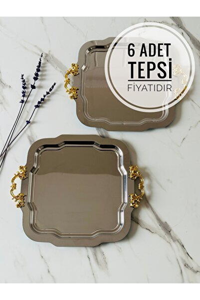 Melinda 6 ADET Aura Gümüş Tepsi Gold Çıkarılabilir Kulp Çay,Kahve,İkram Servi...