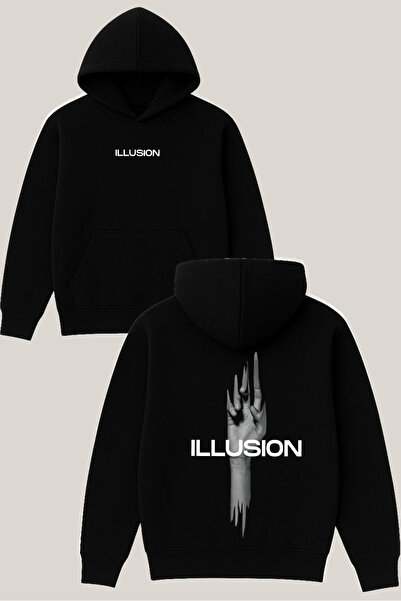 RawNox Illusion Design Black Unisex O Oversized 3 Yarn Sha Fleece-Lined a Hooded Sweatshirt