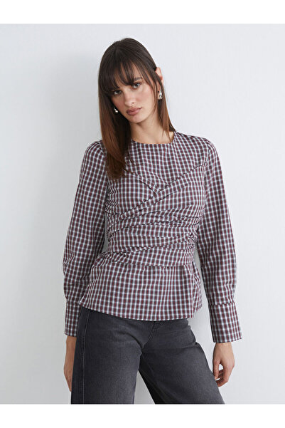 LC Waikiki I Zero Roba Collar Checked Embroidered Gathered Blouse from Freeze...