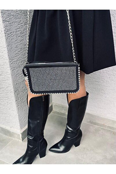 Larolina Stores Black Suede Women's Studded Crossbody Bag with Stone Detail a...