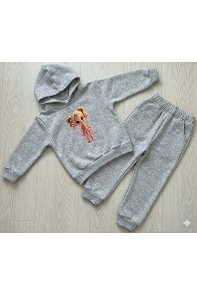 Machi Girl's Printed Gray Hooded Tracksuit Set Cotton 2-Piece Bottom Top Set