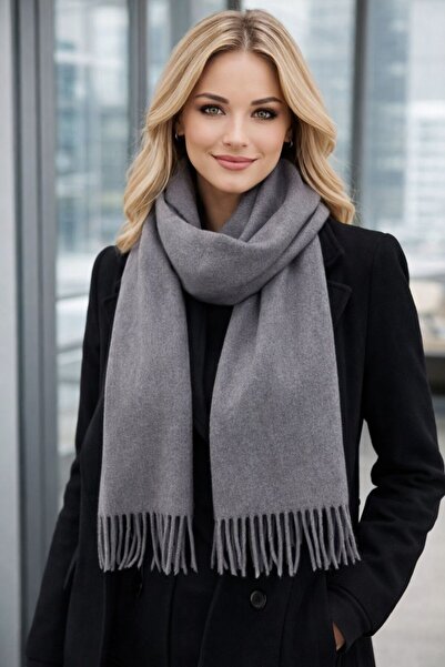 MARBERRY Gray Wool Cashmere Tasseled Women's Scarf 180X33 cm