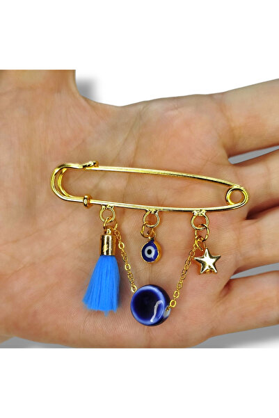 STE Püsküllü, Lacivert Taşlı Altın Renk İskoç İğnesi – Nazar Göz ve Yıldızlı,...