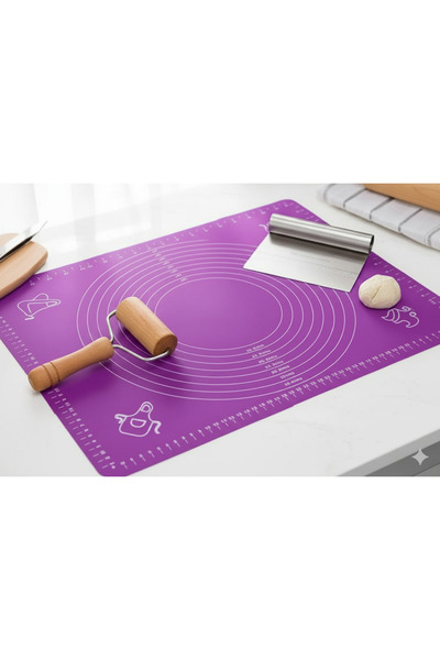 RED KİTCHEN 3 Parça Profesyonel Hamur Hazırlama Seti: Ölçülü Silikon Mat + Me...