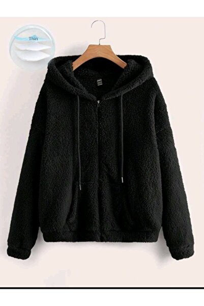 Boi Kadın Peluş Oversize Kışlık Fermuarlı Kapşonlu Peluş Hırka- Premium Kalit...