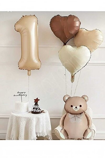 ÇITIPITISTORE Fiyonklu ayı krem bej çikolata kalp folyo yaş balon set