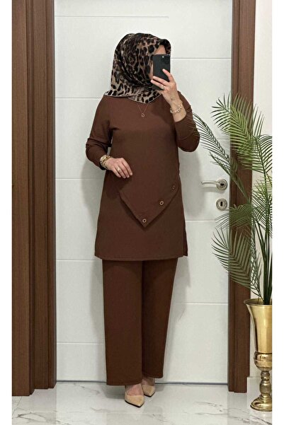 modasura 3370 K 90 kahverengi düğme detay fitilli burgu kumaş tunik pantolon ...