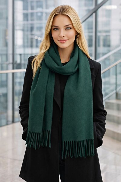 BALIENTE Green Wool Cashmere Tassel Women's Scarf 180X33 cm