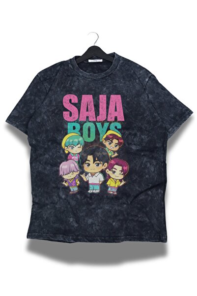 Fuddy Moda تي شيرت قابل للغسل للجنسين من Saja Boys Chibi مطبوع، تي شيرت قصة فضفاضة Kpop Demon Hunters ذو طابع ريترو