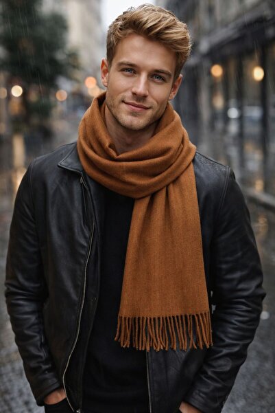 BALIENTE Camel Wool Cashmere Tasseled Men's Scarf 180X33 cm