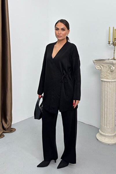 spirituel Women's Two-Piece Top and Bottom Set Knitwear Side Lace-Up K Double-Breasted Cardigan Wide-Leg Pants Knitted Set